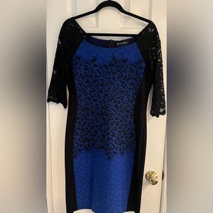 Frank Lyman design, Royal blue and black laced 3/4 sleeve dress